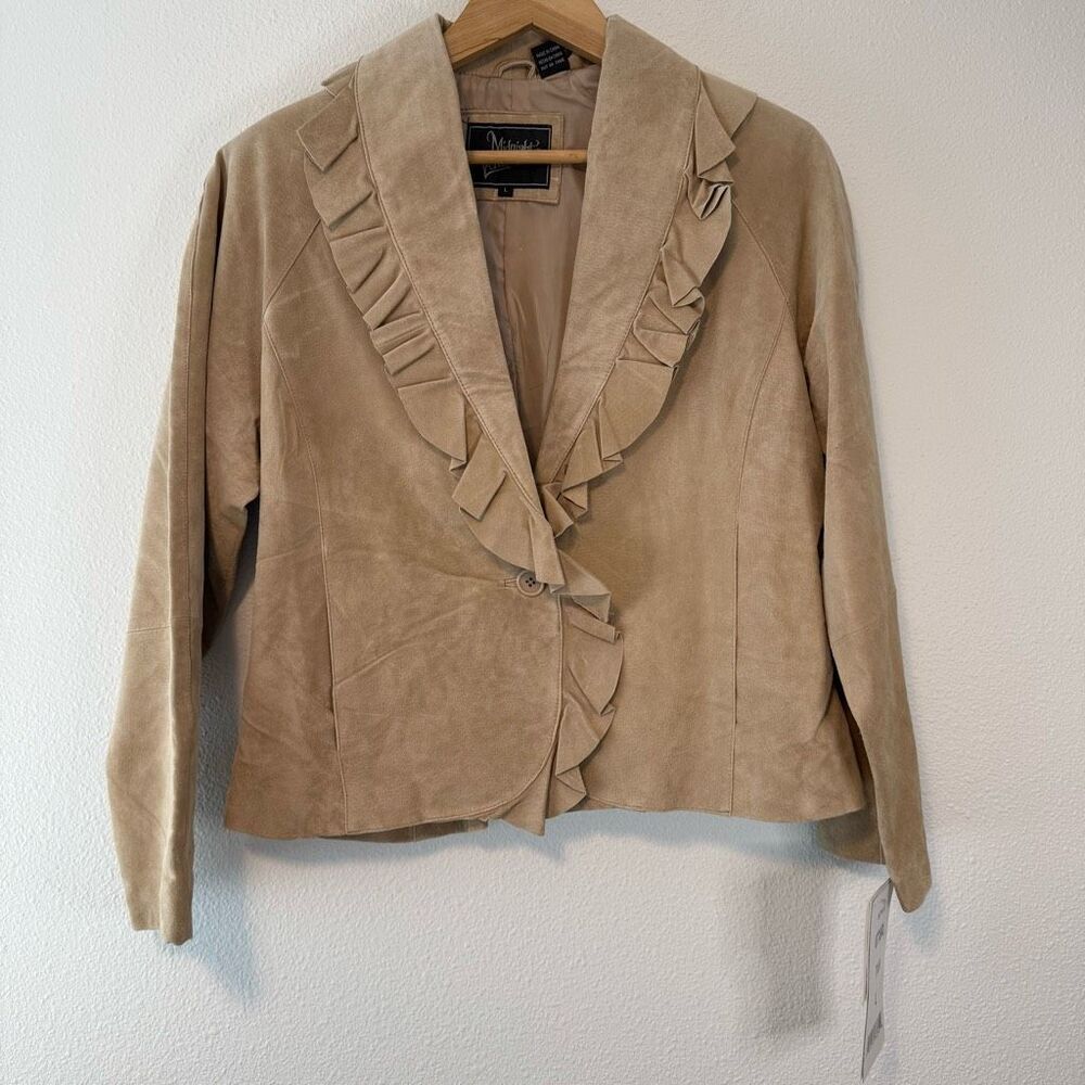 Vintage Midnight Velvet Tan Ruffle Suede Leather Jacket Deadstock Size Large NWT